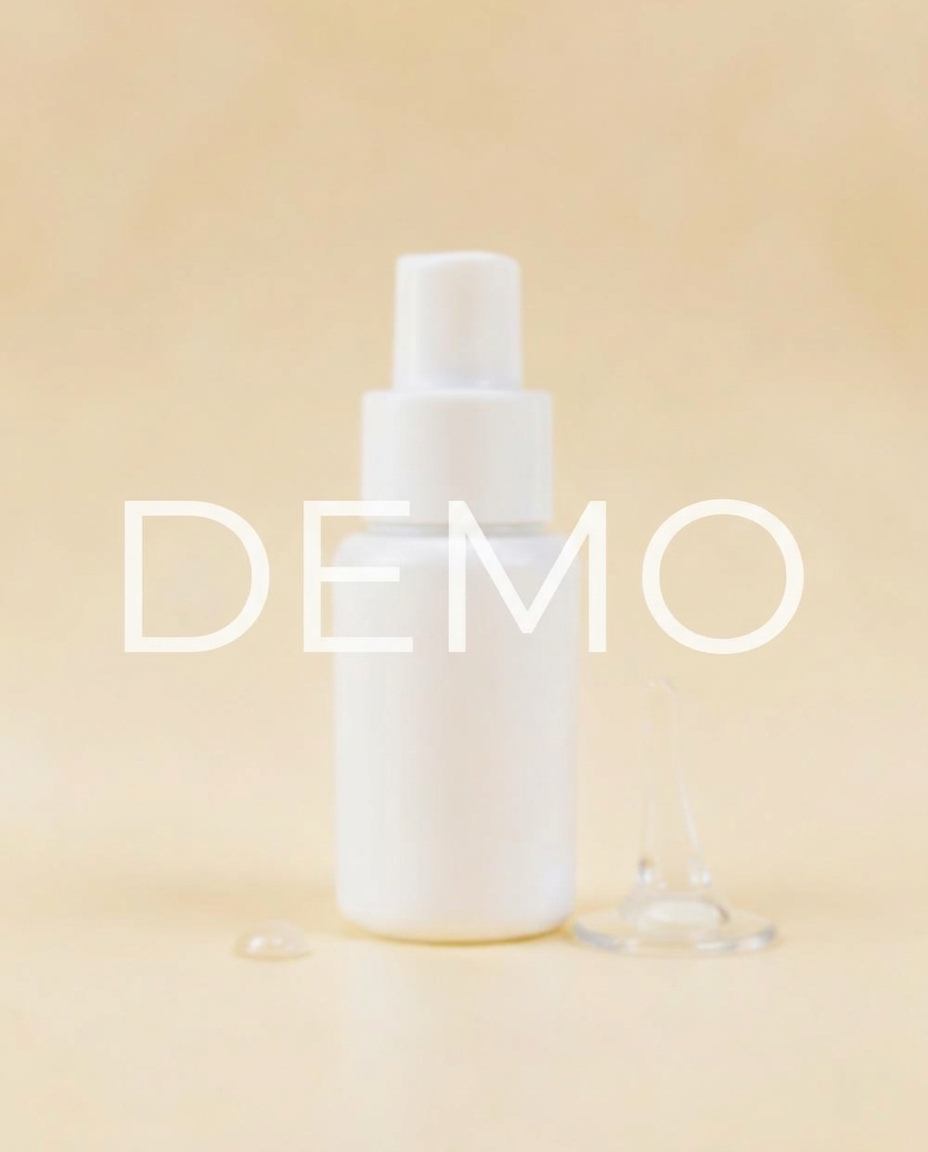 Piccolo flacone airless bianco per contorno occhi con goccia di gel su fondo avorio
