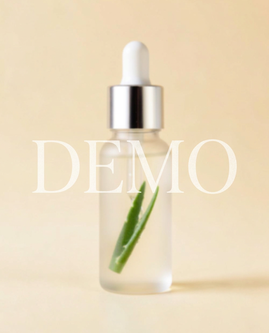Flacone in vetro satinato da 30 ml con contagocce e foglia di aloe, su fondo avorio