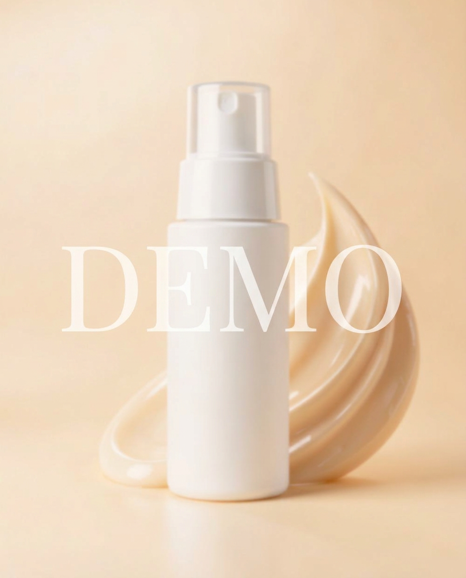 Flacone airless bianco con crema-siero e swatch setoso su fondo avorio